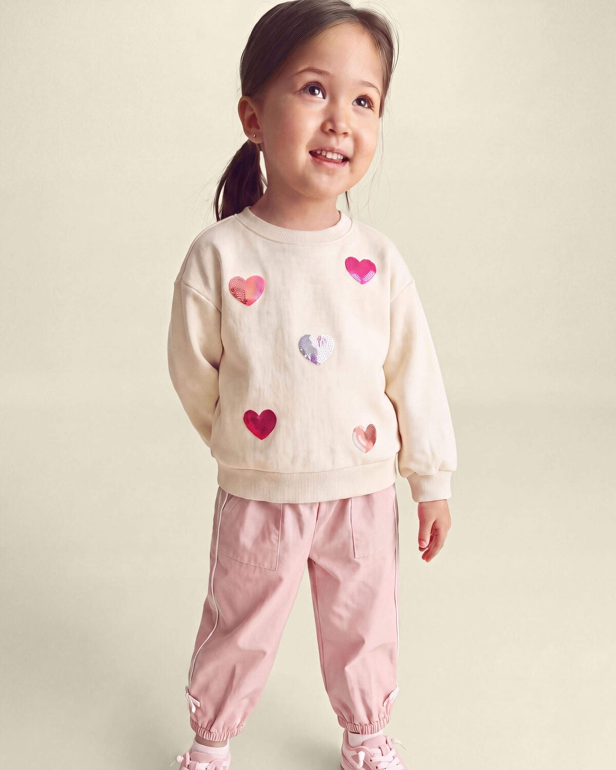 Toddler Girl Sequin Heart French Terry Pullover Sweatshirt - Cream - Image 4