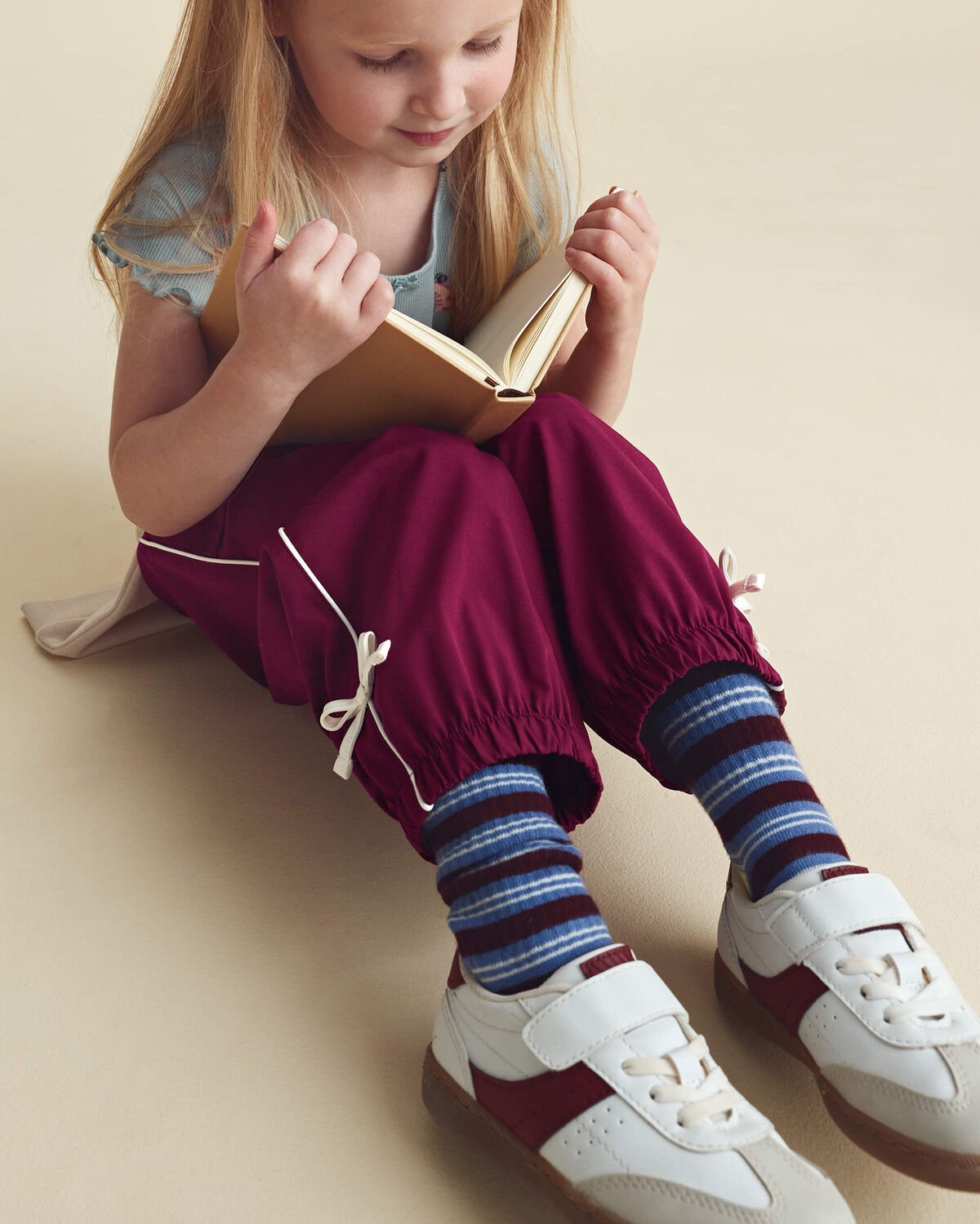 Toddler Girl Bow-Cuff Poplin Joggers - Burgundy - Image 3