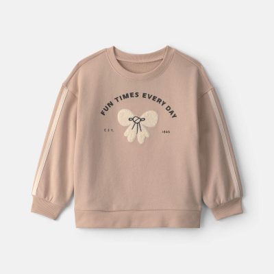 Toddler Girl 'Fun Times Every Day' Bow French Terry Pullover Sweatshirt - Tan