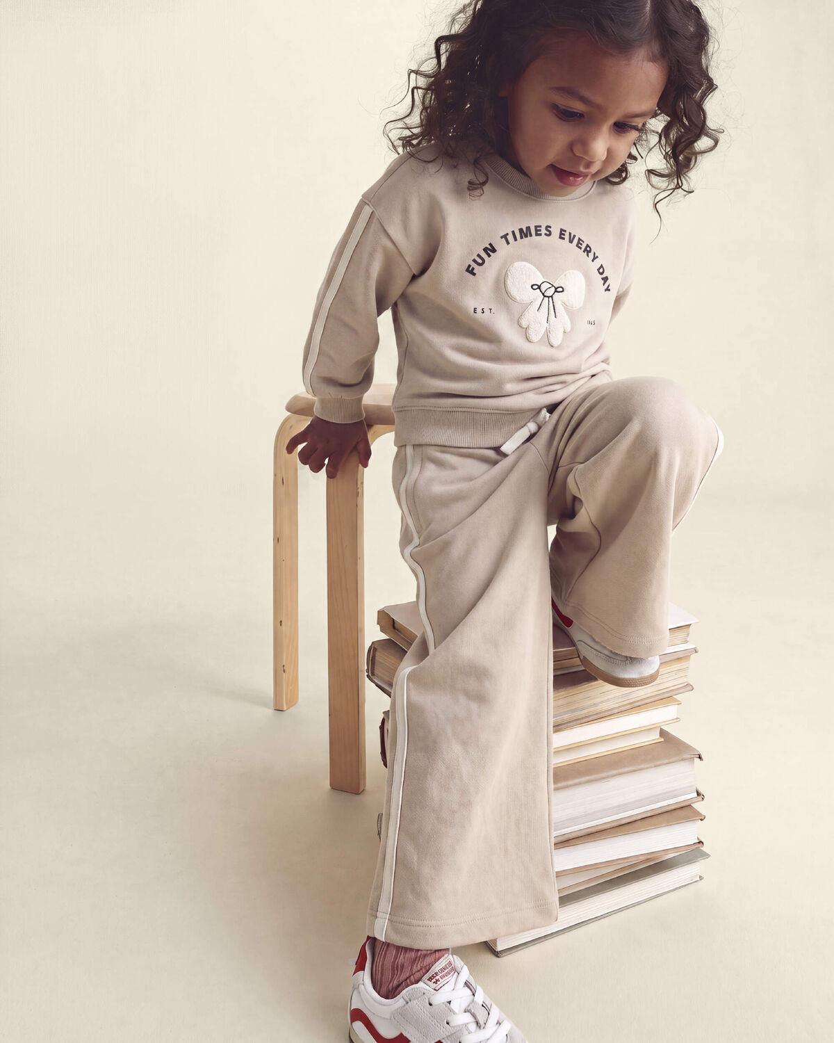 Toddler Girl 'Fun Times Every Day' Bow French Terry Pullover Sweatshirt - Tan - Image 3