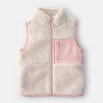 Toddler Girl Teddy Fleece Vest - Cream/Pink