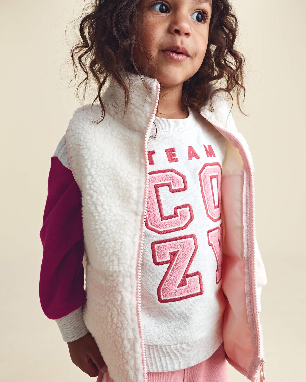 Toddler Girl Teddy Fleece Vest - Cream/Pink - Image 2