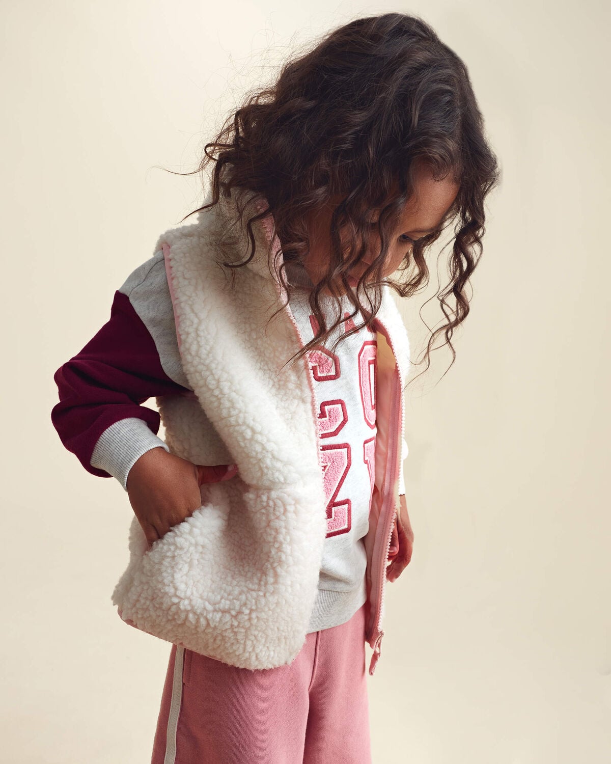 Toddler Girl Teddy Fleece Vest - Cream/Pink - Image 3