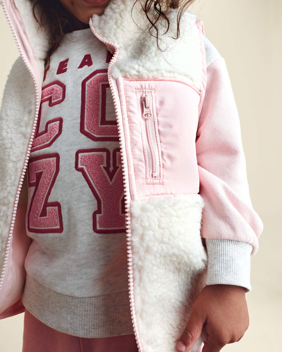 Toddler Girl Teddy Fleece Vest - Cream/Pink - Image 4