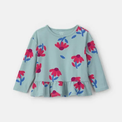 Toddler Girl Floral Long-Sleeve Peplum Top - Blue/Red