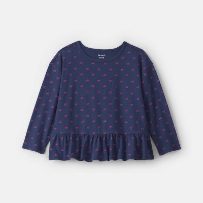 Toddler Girl Bow Long-Sleeve Peplum Top - Navy Blue