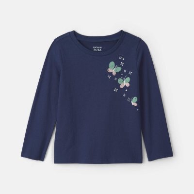 Toddler Girl Butterfly Floral Long-Sleeve Graphic Tee - Navy Blue