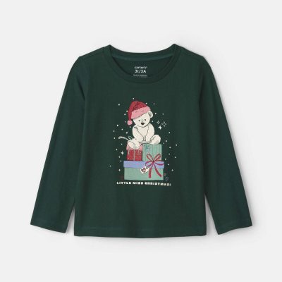 Toddler Girl Christmas Bear Long-Sleeve Graphic Tee - Green