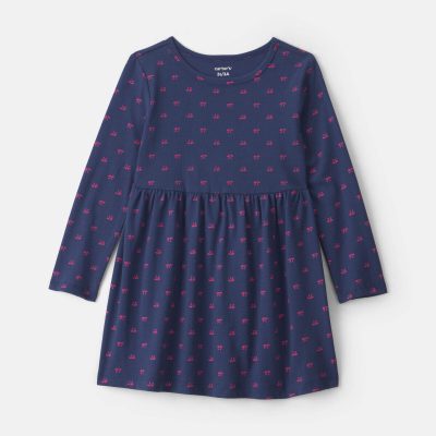 Toddler Girl Bow Long-Sleeve Dress - Navy Blue