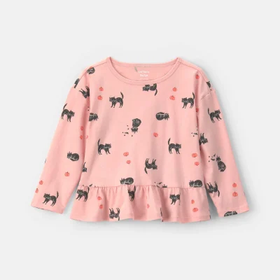 Toddler Girl Halloween Cat Long-Sleeve Peplum Top - Pink