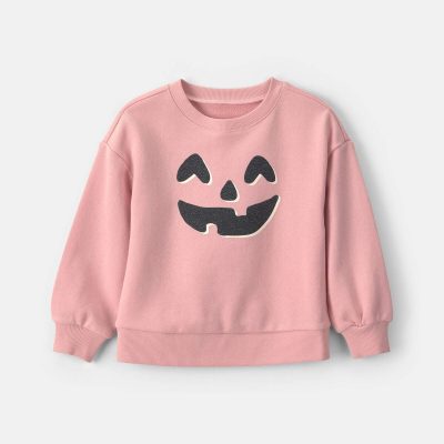 Toddler Girl Pumpkin Halloween French Terry Pullover Sweatshirt - Pink