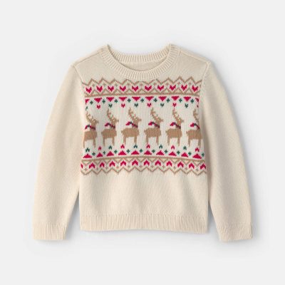 Toddler Girl Reindeer Fair Isle Sweater - Cream