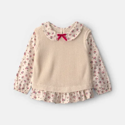 Toddler Girl Collared Floral Sweater - Cream