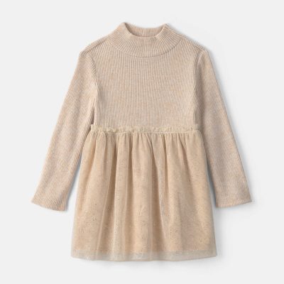 Toddler Girl Shimmer Long-Sleeve Sweater Tulle Dress - Cream