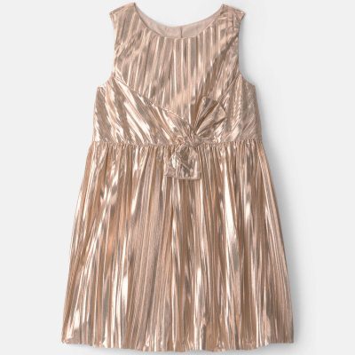 Toddler Girl Metallic Crinkle Bow Dress - Gold