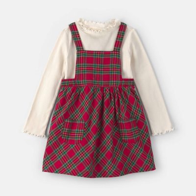 Toddler Girl 2-Piece Plaid Dress Set - Red/Cream