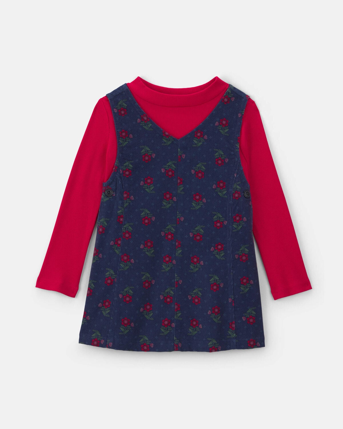 Toddler Girl 2-Piece Floral Corduroy Long-Sleeve Dress Set - Navy Blue/Red - Image 5