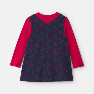 Toddler Girl 2-Piece Floral Corduroy Long-Sleeve Dress Set - Navy Blue/Red