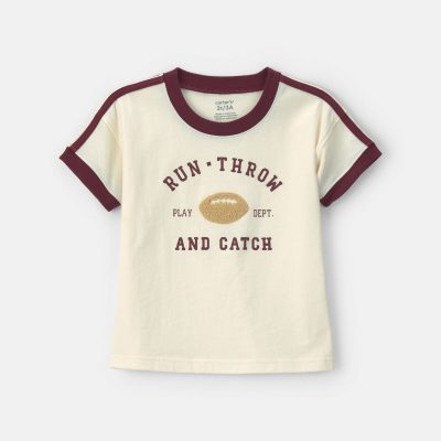 Toddler Boy 'Run, Throw and Catch' Football Graphic Tee - Cream/Burgundy