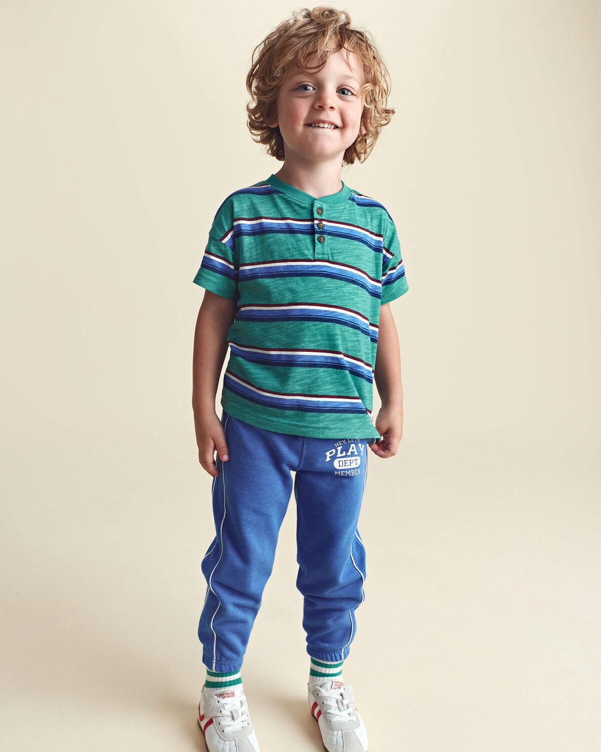 Toddler Boy Striped Henley T-Shirt - Green/Blue - Image 2