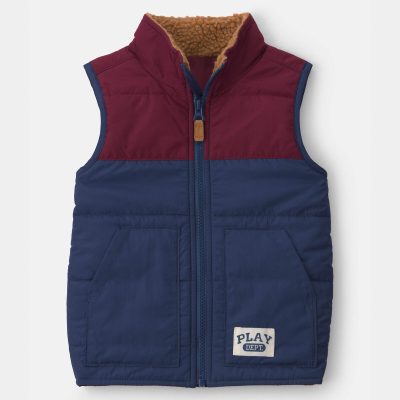 Toddler Boy Color Block Teddy Fleece Vest - Navy Blue/Burgundy