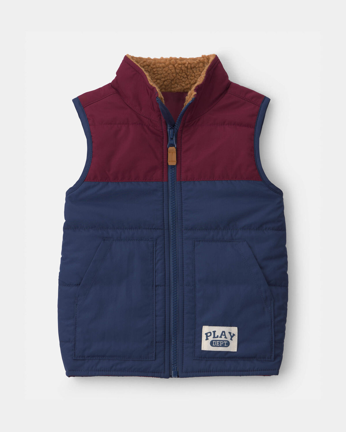 Toddler Boy Color Block Teddy Fleece Vest - Navy Blue/Burgundy