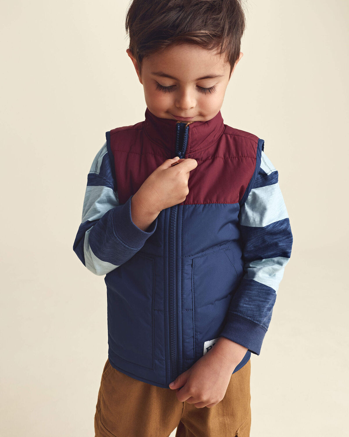 Toddler Boy Color Block Teddy Fleece Vest - Navy Blue/Burgundy - Image 3