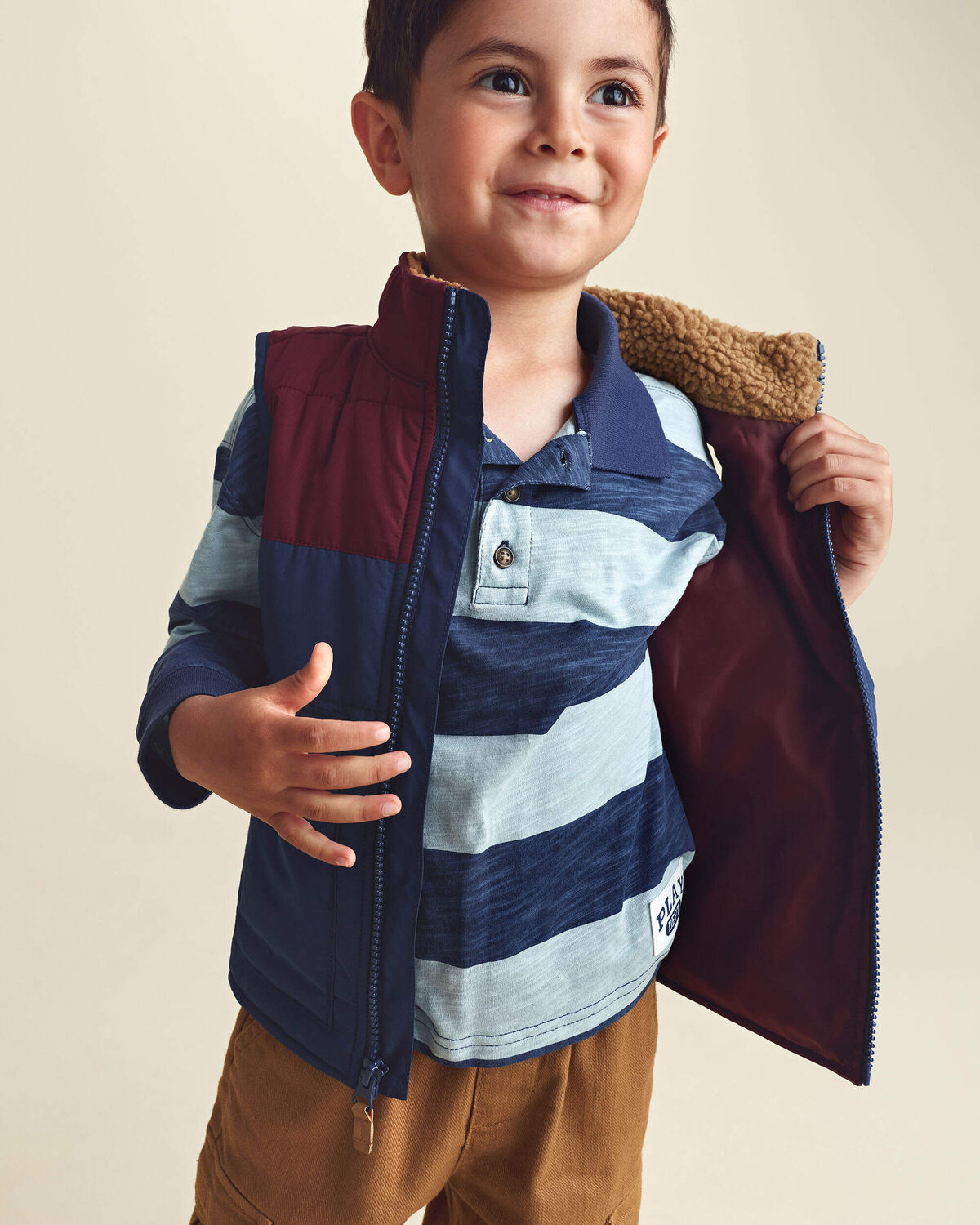 Toddler Boy Color Block Teddy Fleece Vest - Navy Blue/Burgundy - Image 4