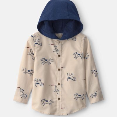 Toddler Boy Dog Long-Sleeve Button-Down Hooded Shirt - Cream/Navy Blue