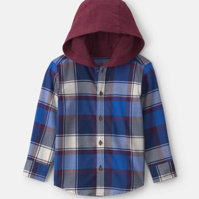Toddler Boy Plaid Long-Sleeve Button-Down Hooded Shirt - Blue/Burgundy