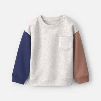 Toddler Boy Color Block Fleece Pullover Sweatshirt - Grey/Brown/Blue