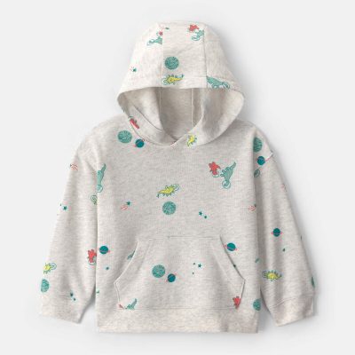 Toddler Boy Space Dino French Terry Hoodie - Grey