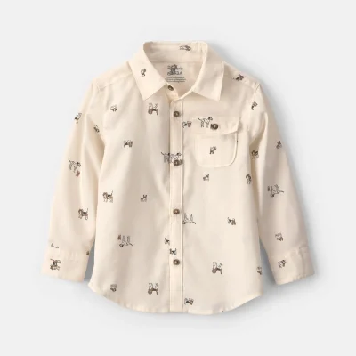Toddler Boy Dog Long-Sleeve Button-Down Shirt - Cream