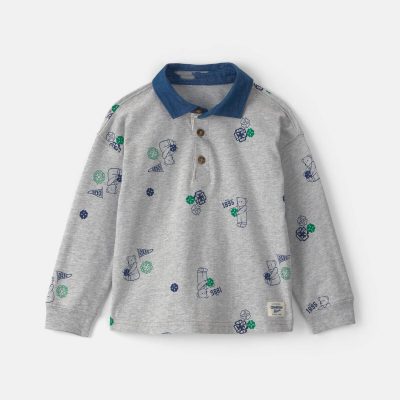 Toddler Boy Bear Long-Sleeve Polo Shirt - Grey