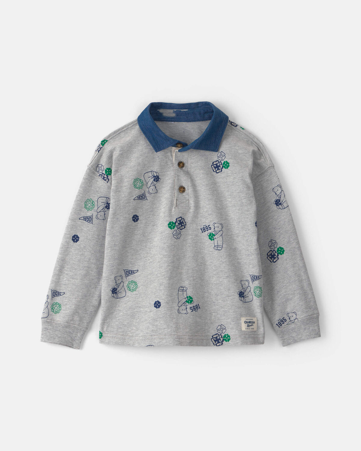 Toddler Boy Bear Long-Sleeve Polo Shirt - Grey