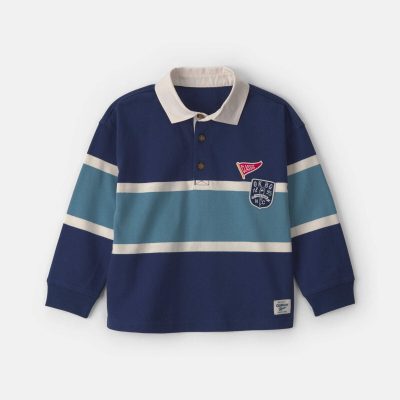 Toddler Boy Varsity Striped Long-Sleeve Polo Shirt - Navy Blue