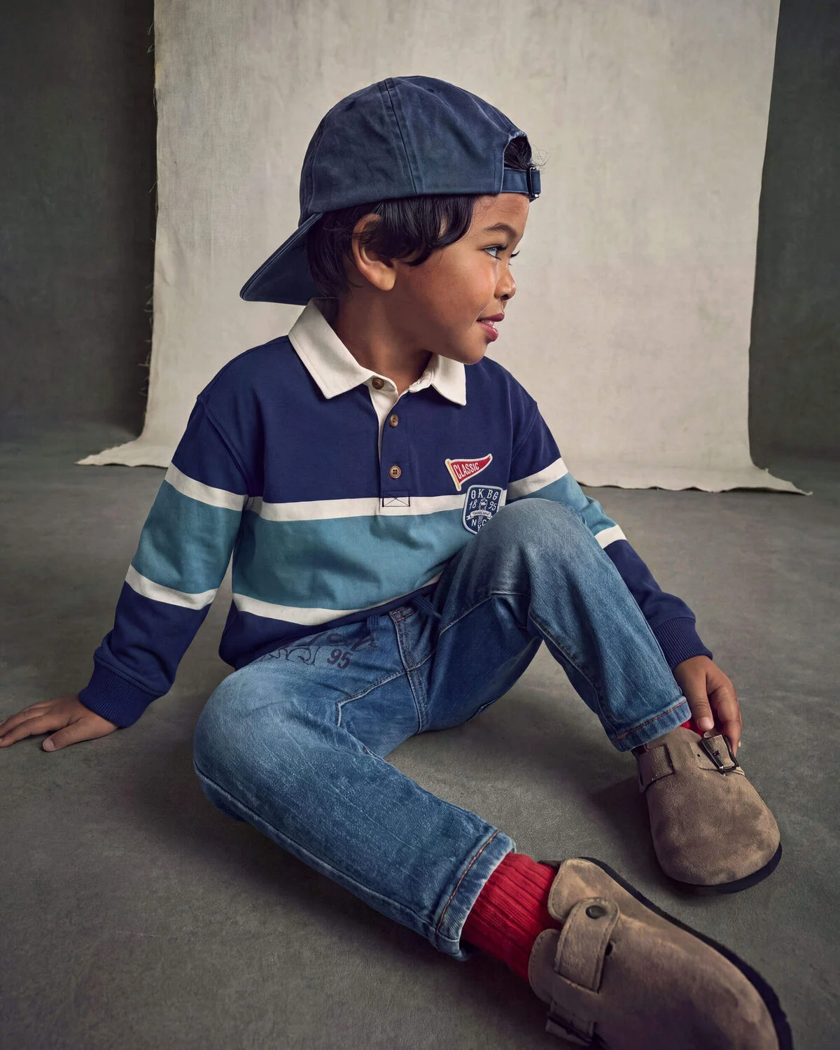 Toddler Boy Varsity Striped Long-Sleeve Polo Shirt - Navy Blue - Image 3