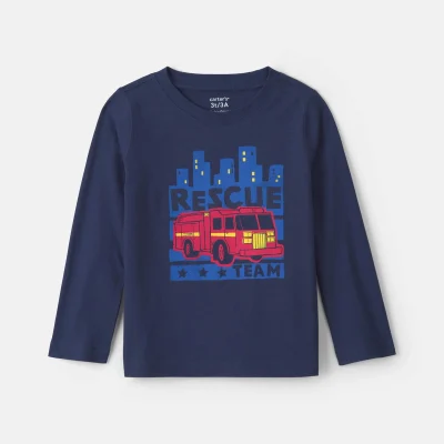 Toddler Boy 'Rescue Team' Firetruck Long-Sleeve Graphic Tee - Navy Blue