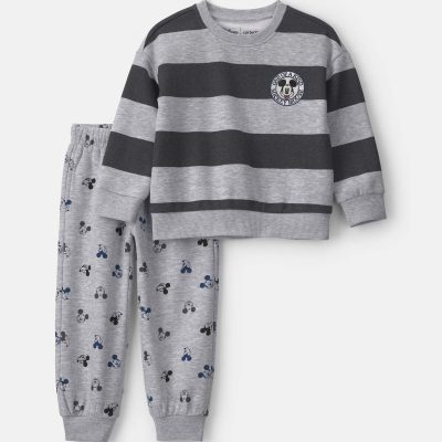 Toddler Boy 2-Piece Disney© Mickey Striped Long-Sleeve Top & Pant Set - Grey/Black