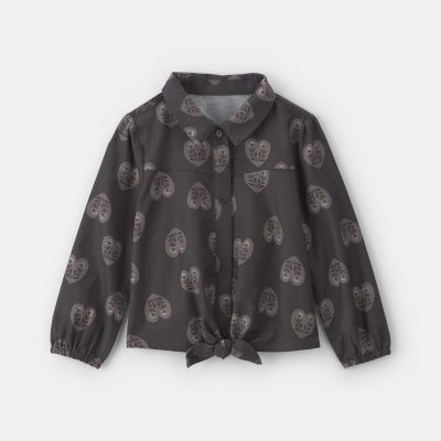 Girls Toddler Girl Heart Twill Long-Sleeve Tie Top - Black