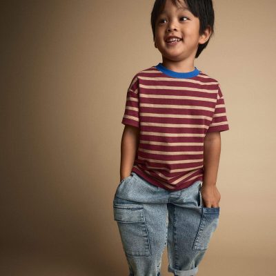 Toddler Boy Relaxed Tee in Stripes - Burgundy/Royal Blue
