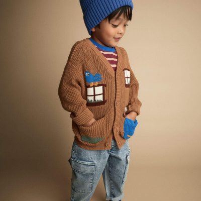Toddler Cardigan with Avenue Pockets in House Print - Brown