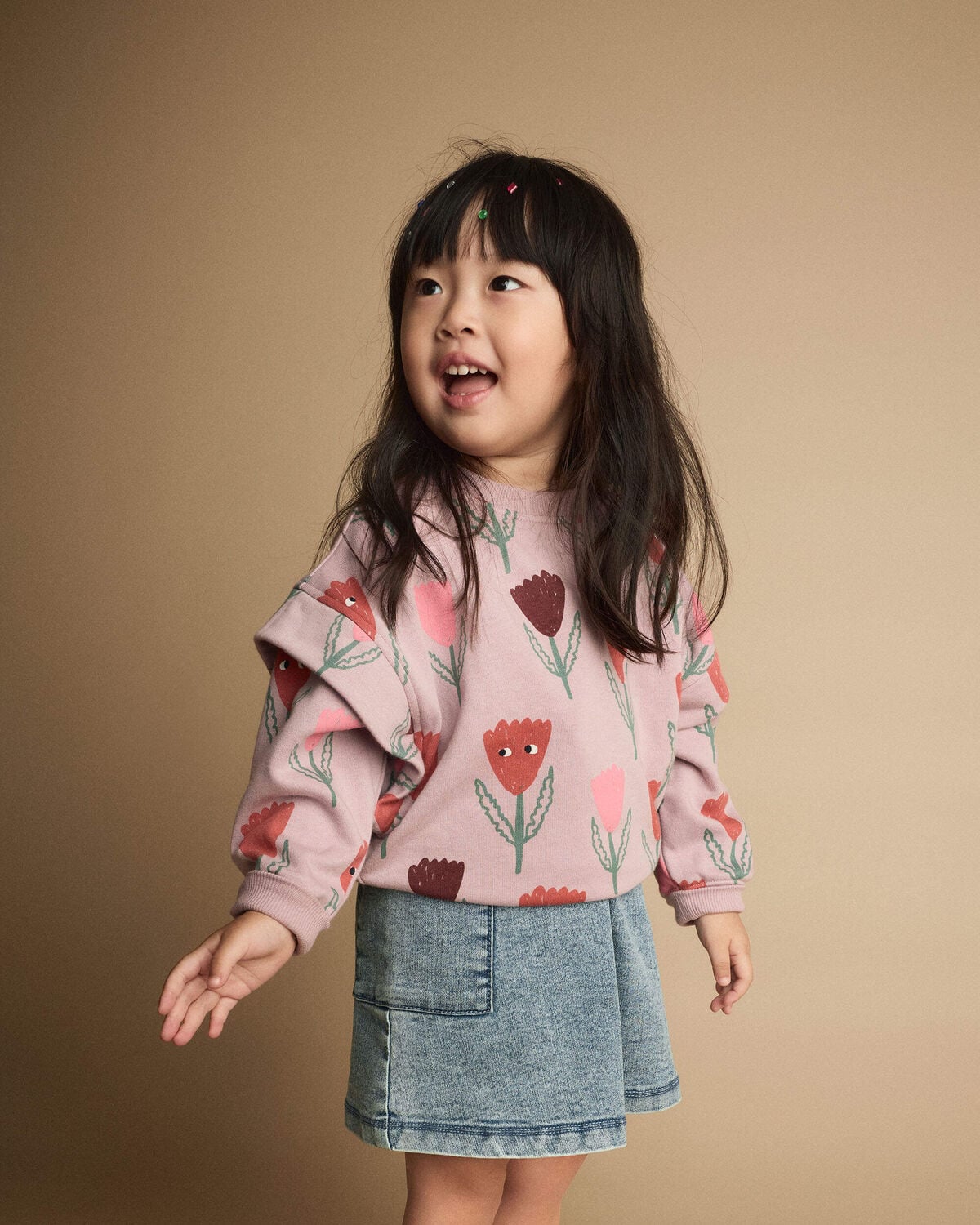 Toddler Girl Double Layer Pullover Sweatshirt in Tulip Print - Mauve