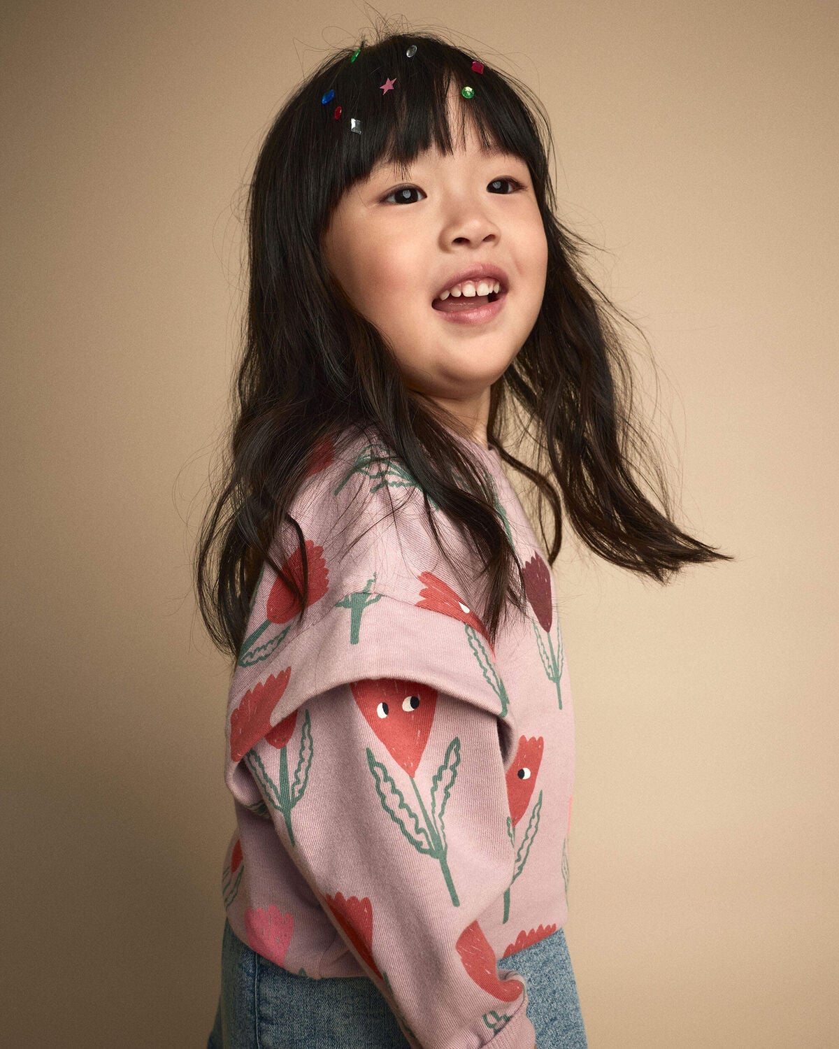 Toddler Girl Double Layer Pullover Sweatshirt in Tulip Print - Mauve - Image 3