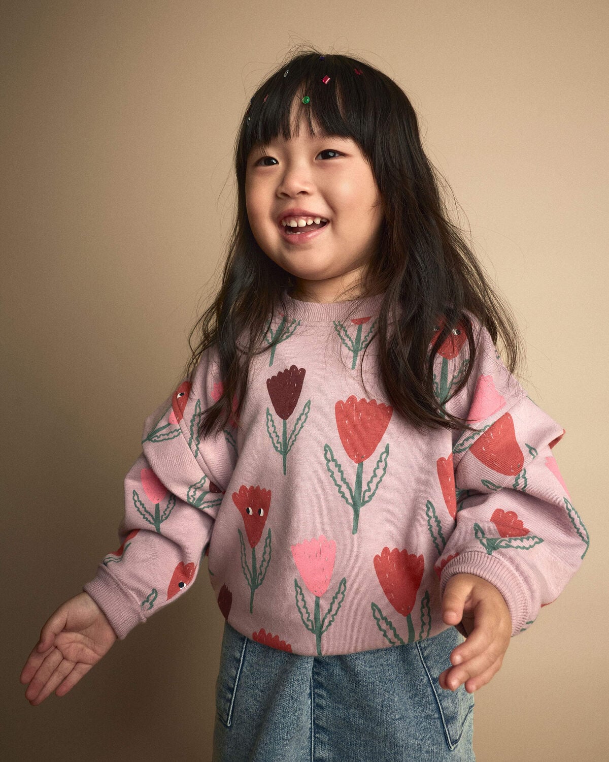 Toddler Girl Double Layer Pullover Sweatshirt in Tulip Print - Mauve - Image 4