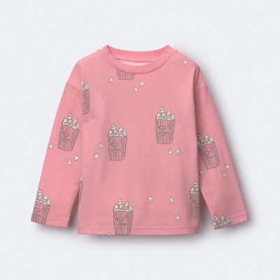 Toddler Girl Long-Sleeve Relaxed Graphic Tee in Popcorn Print - Light Pink