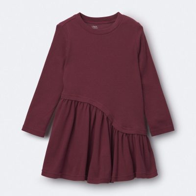 Toddler Girl Ribbed Long-Sleeve Asymmetrical Dress - Burgundy