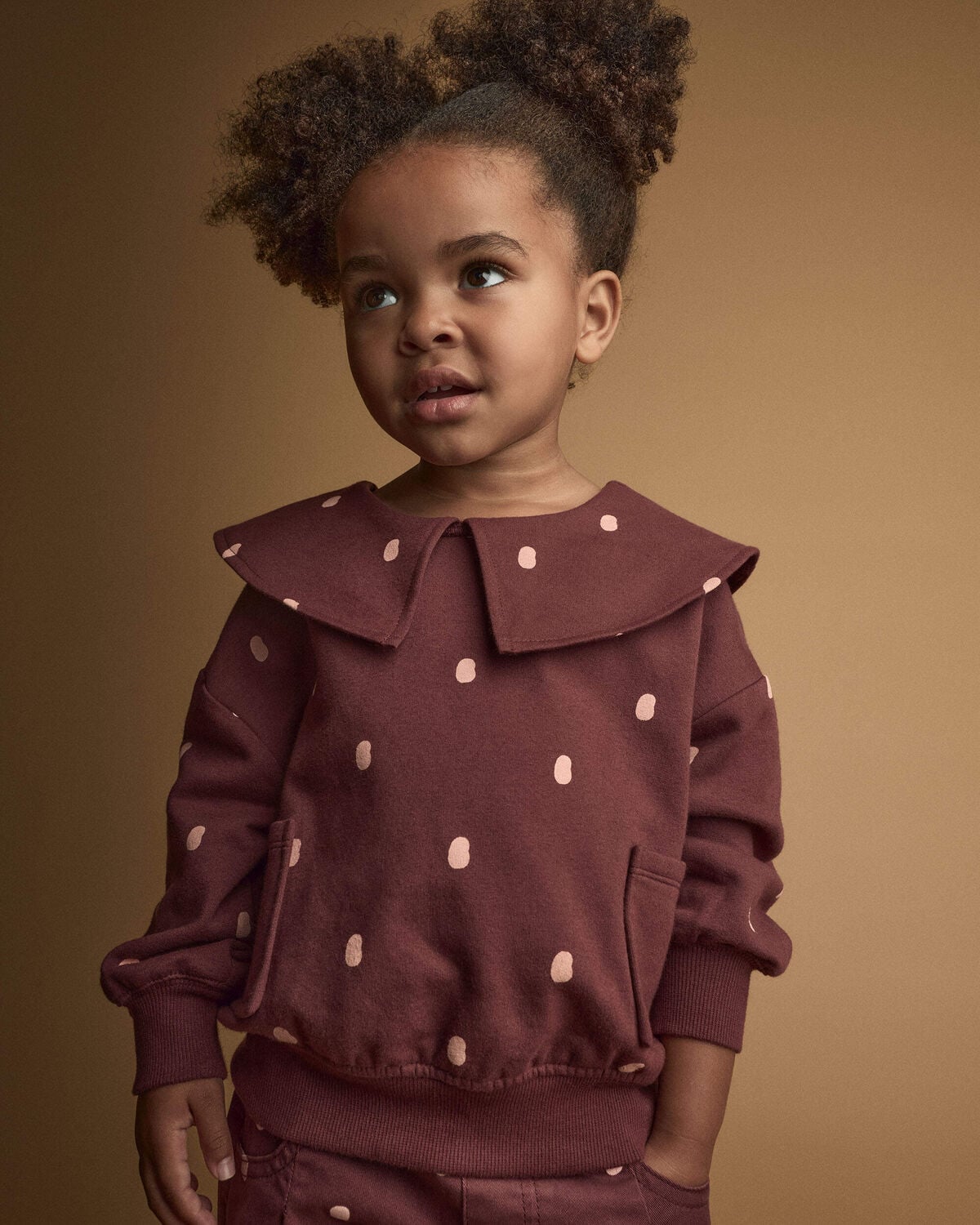 Toddler Girl Peter Pan Collar Pullover with Otter Pockets in Polka Dots - Burgundy