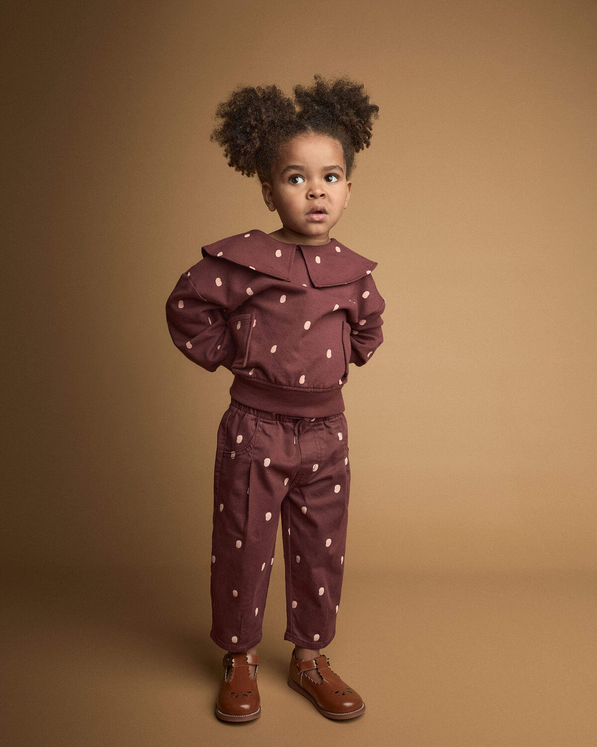 Toddler Girl Pleated Pants in Polka Dots - Burgundy - Image 3