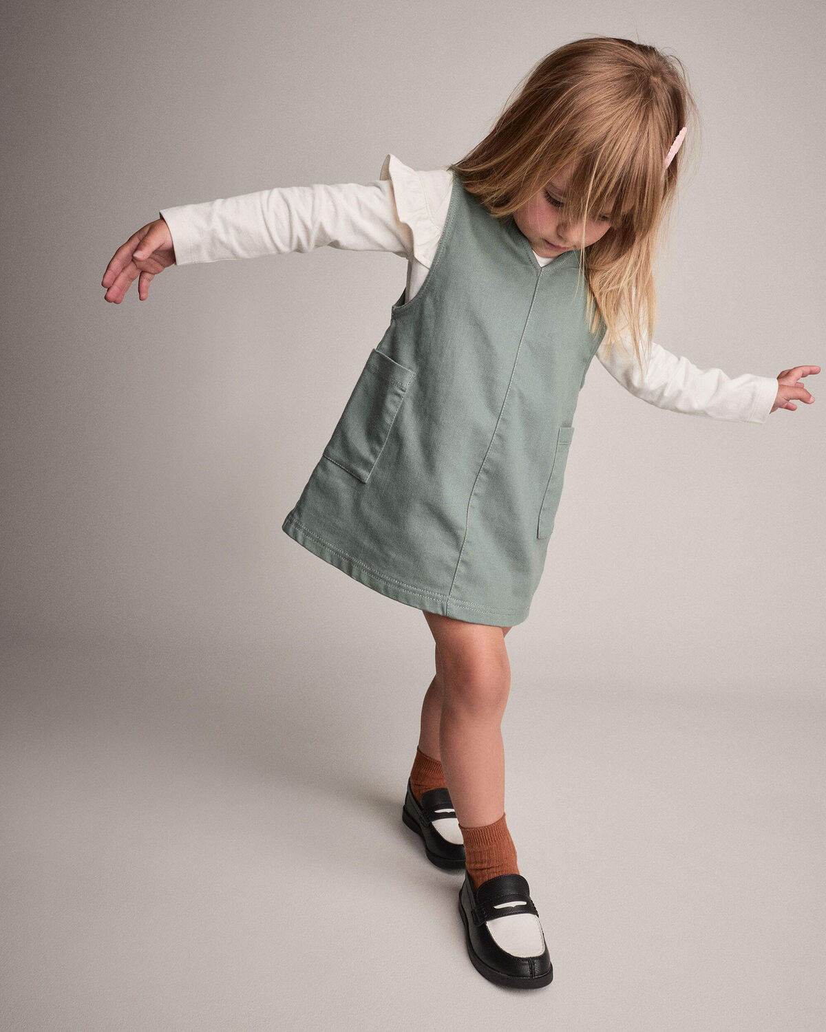 Toddler Girl Otter Pocket Denim Jumper - Olive - Image 3